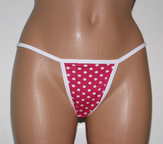 Front view of thong with white polka dots.
