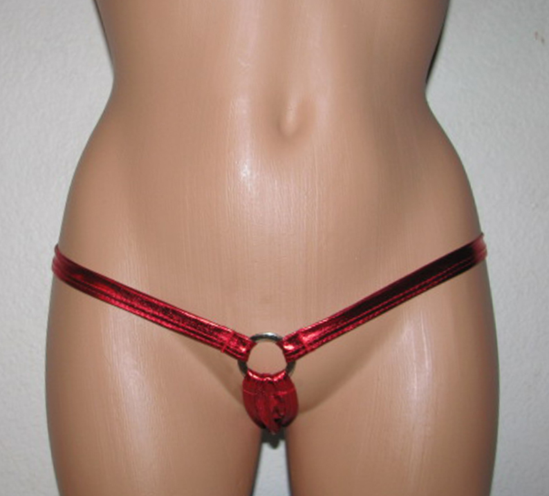 Front view of shiny red thong with rings.