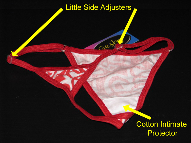 Adjustable tribal thong with cotton intimate protector.