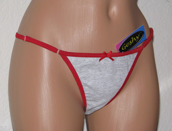 Front view of gray thong with red trim.