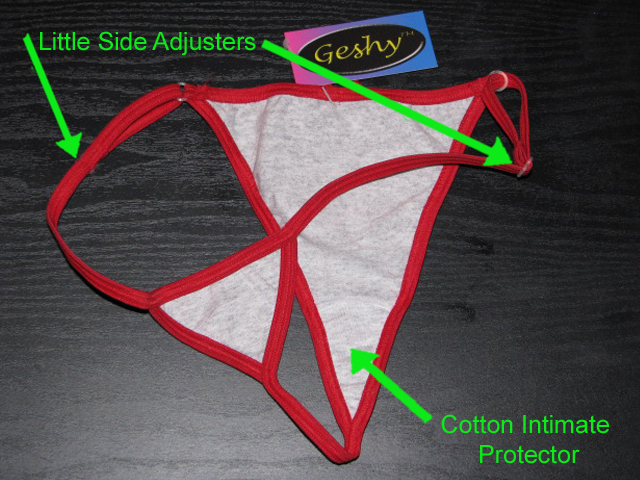Photo showing side adjusters and cotton intimate protector for thong.