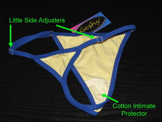 Inside view of thong showing adjustable sides and cotton intimate protector.