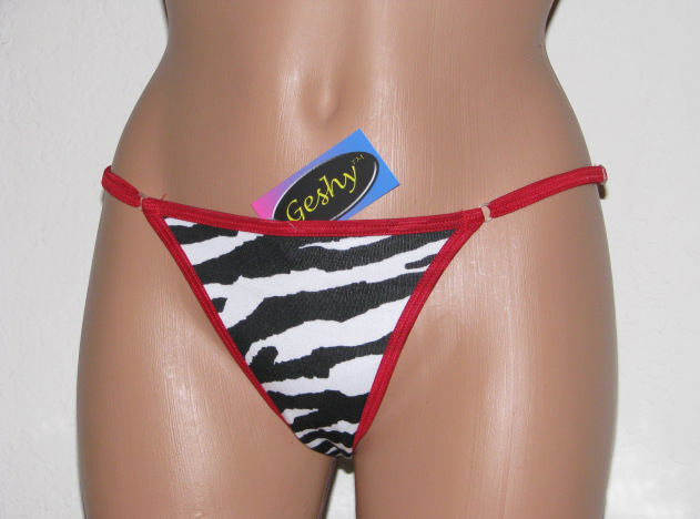 Front view of zebra thong by Geshy.