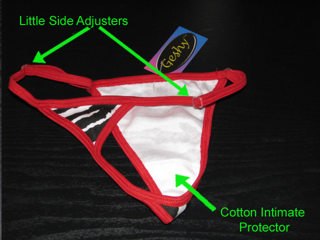 Photo showing adjusters and cotton intimate protector for zebra thong.